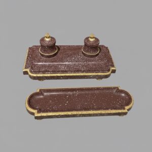 Calamaio con vassoio portapenne in porfido egiziano e bronzo